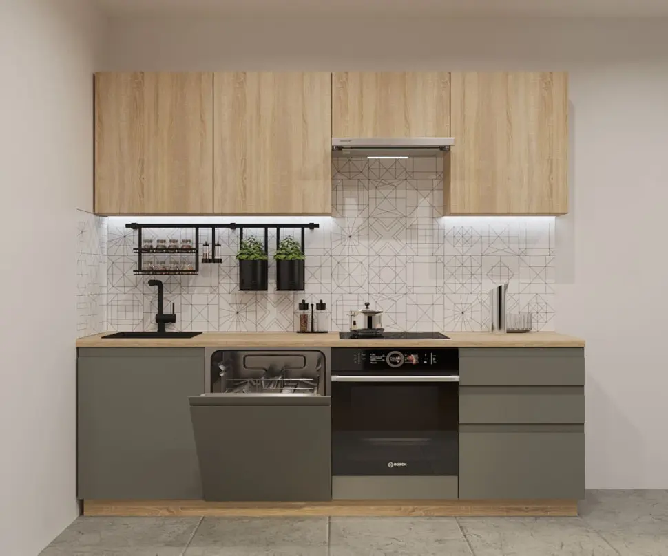 Кухонный гарнитур Лайн Дуб сонома/Обсидиан / Дуб сонома светлый 2400мм Кухонный гарнитур Лайн Дуб сонома/Обсидиан / Дуб сонома светлый 2400мм