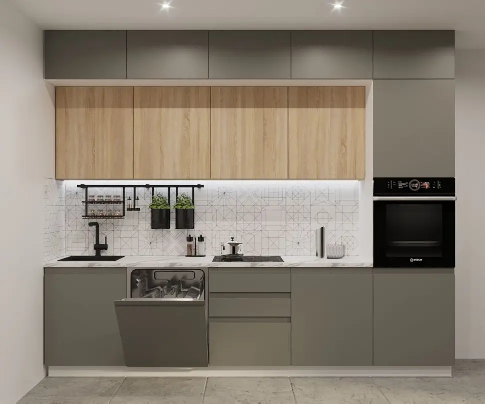 Кухонный гарнитур Лайн Обсидиан/Дуб сонома / Мрамор белый 3000мм