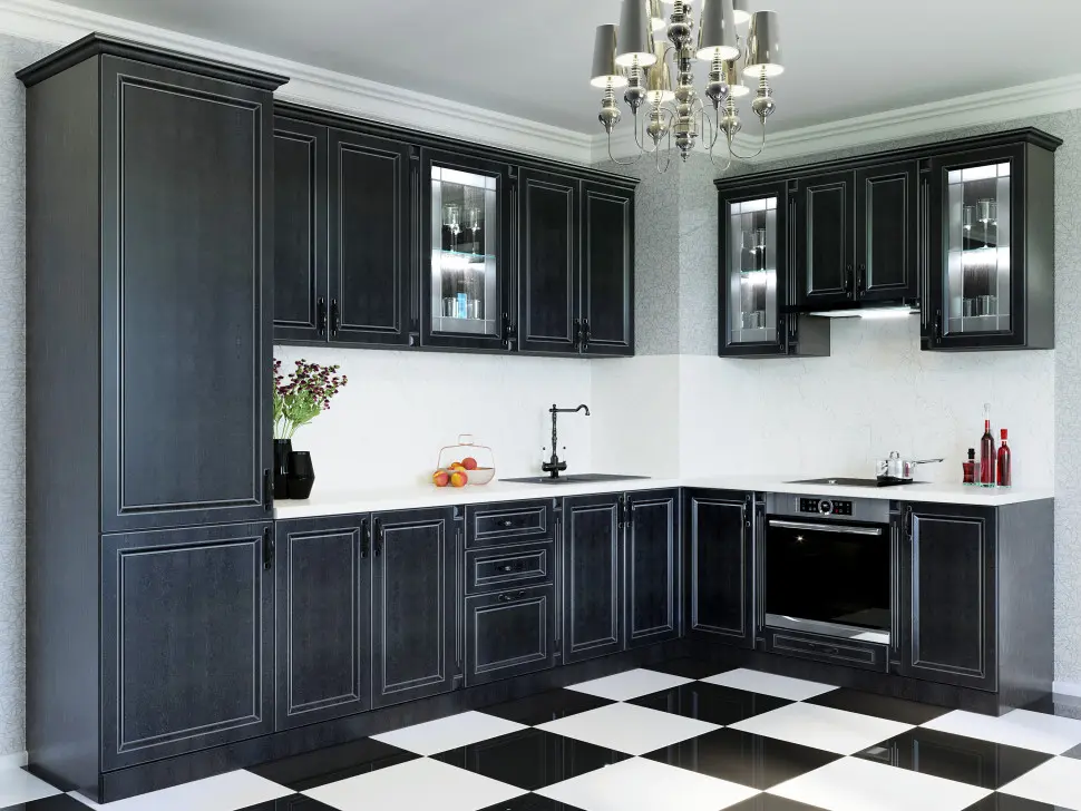 Кухня Роял Вуд Черный патина серебро 2800x1400