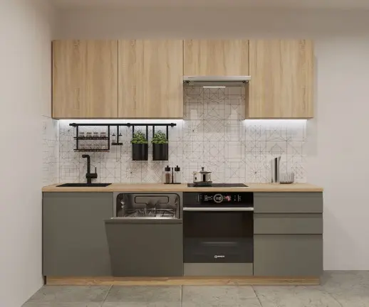 Кухонный гарнитур Лайн Дуб сонома/Обсидиан / Дуб сонома светлый 2400мм