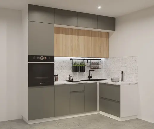 Кухонный гарнитур Лайн Дуб сонома/Обсидиан / Мрамор белый 2400*1400мм