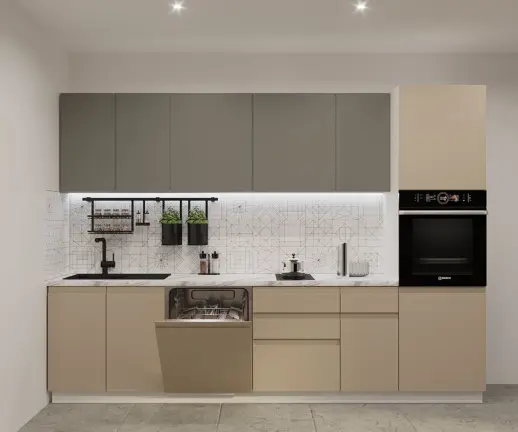 Кухонный гарнитур Лайн Обсидиан/Пикрит / Мрамор белый 3000мм Вариант 1