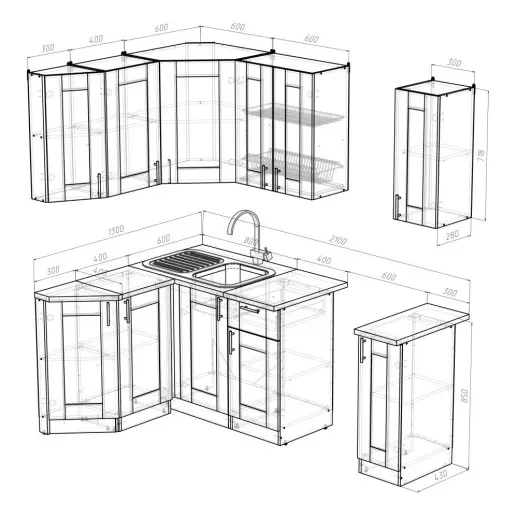 Кухонный гарнитур "Квадро дуб сонома/Малага" 1500*1300 мм