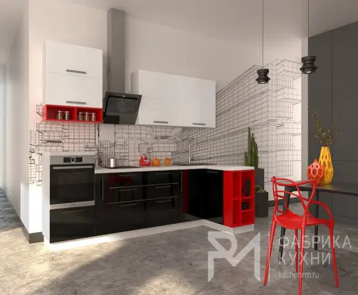Кухня Белый глянец Черный глянец Красный глянец 3000х1350