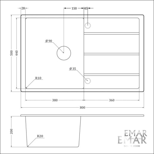 Кухонная мойка EMAR EMQ-1800.Q сардоникс