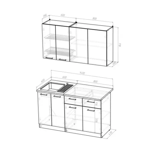 Кухонный гарнитур "Ясень шимо светлый/Берилл бежевый" 1400 мм